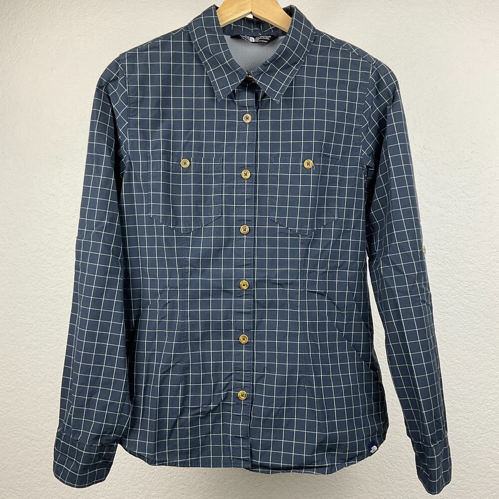 The North Face Women’s S Blue Grid Vented Hiking Shirt Roll Tab Long Sleeve